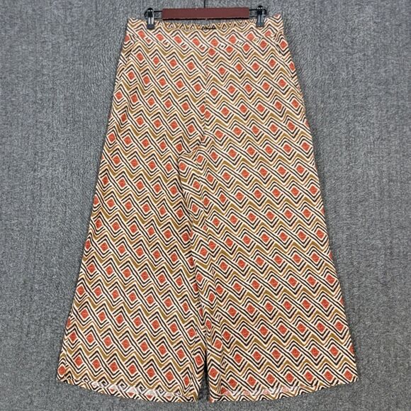 Tahari Pants Womens L Brown Geometric 100% Linen Elastic Waist Wide Leg Crop - Picture 1 of 12